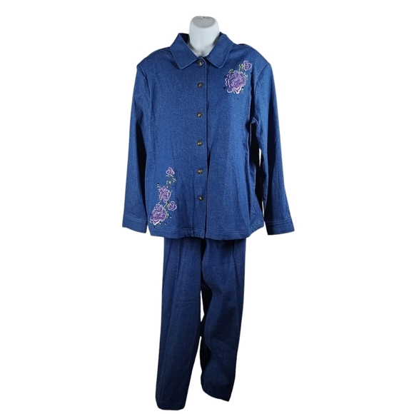 ALLISON DALEY DENIM EMBROIDERED BUTTON FRONT TOP WITH MATCHING PANTS - Picture 1 of 10
